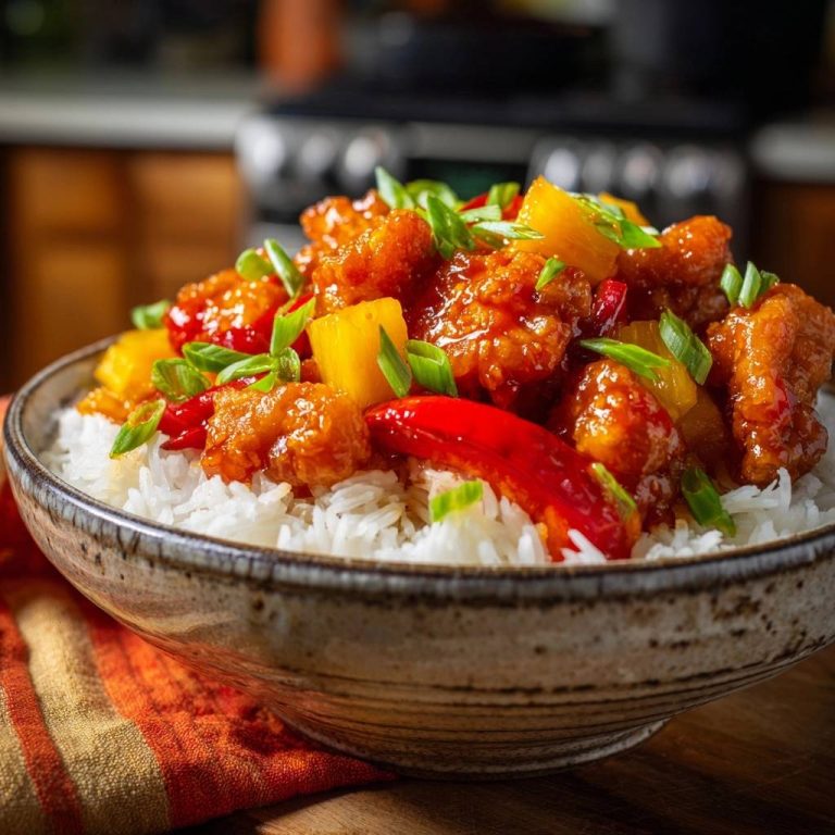 Sweet and sour pineapple chicken with a lasting crunch served over white rice in a rustic bowl, garnished with scallions.