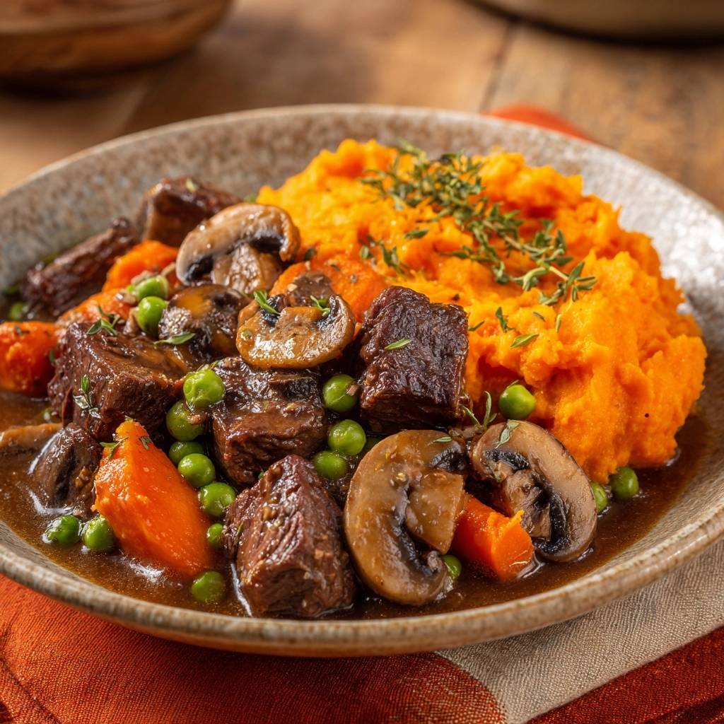 Tender beef stew with sweet potato mash served in a bowl, featuring chunks of beef, mushrooms, peas, and carrots.