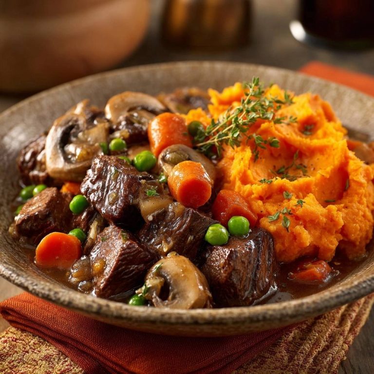 Tender beef stew with sweet potato mash served in a rustic bowl, featuring tender beef chunks, carrots, peas, and mushrooms.
