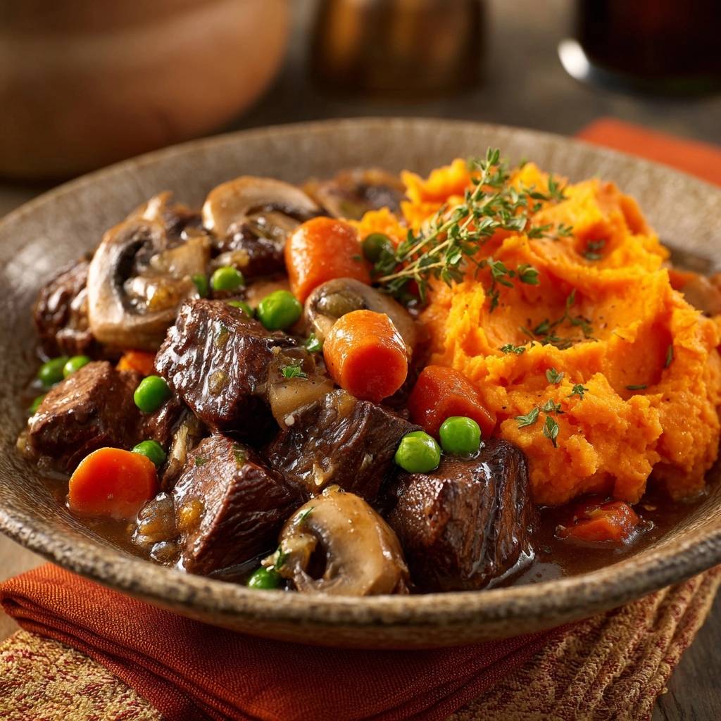 Tender beef stew with sweet potato mash served in a rustic bowl, featuring tender beef chunks, carrots, peas, and mushrooms.