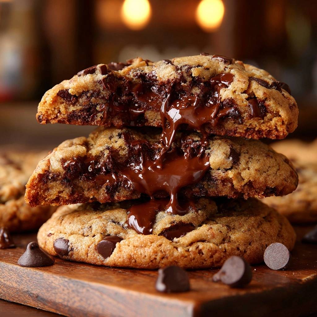 Thick gooey chocolate chip cookies cross-section showing molten chocolate oozing between layers.