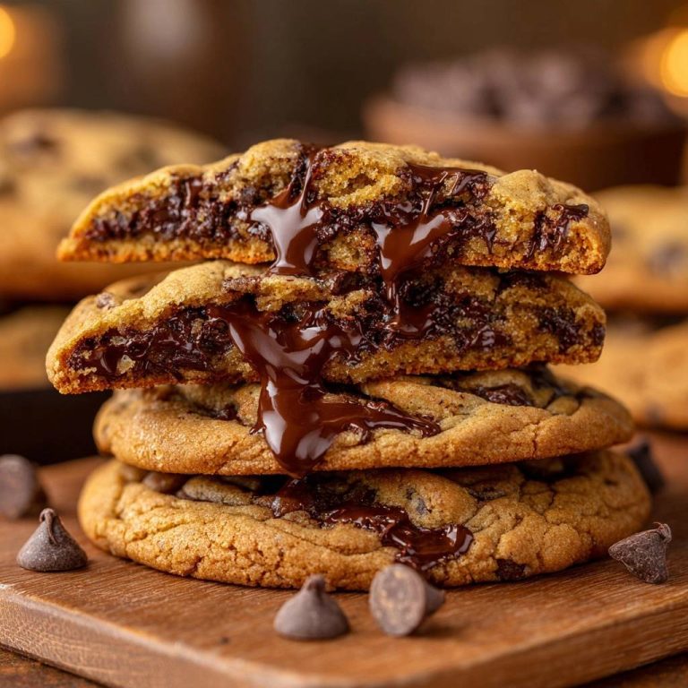 Thick gooey chocolate chip cookies cross-section showing melted chocolate chips and a gooey interior.