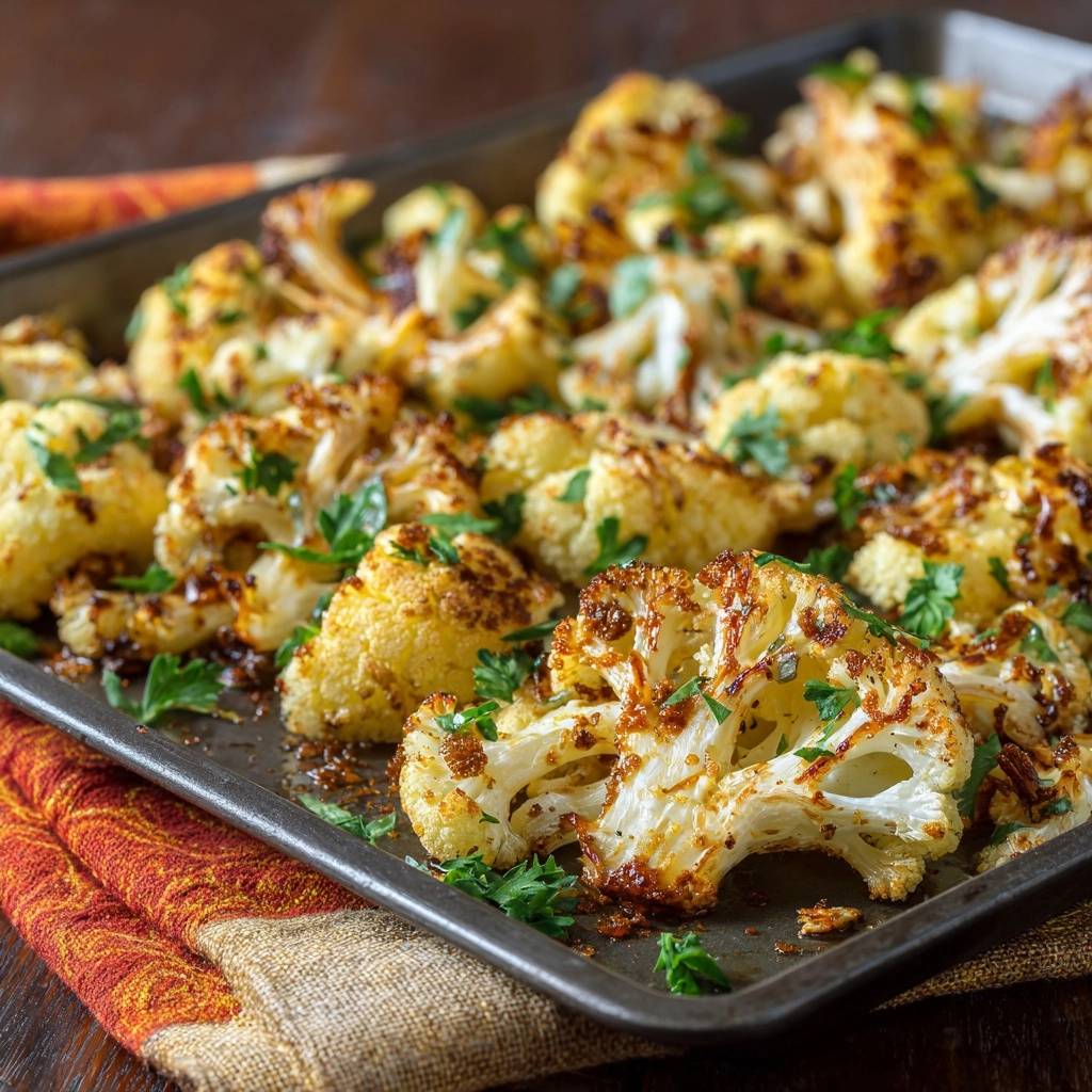 Crispy turmeric roasted cauliflower recipe shown close-up on a baking tray with fresh parsley garnish.