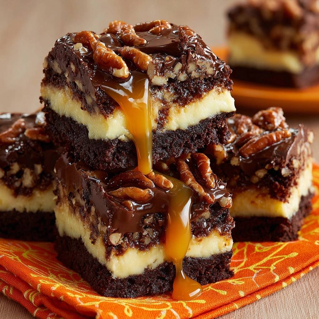 Turtle cheesecake bars with a rich caramel drizzle and toasted pecans, showing a decadent cross-section.