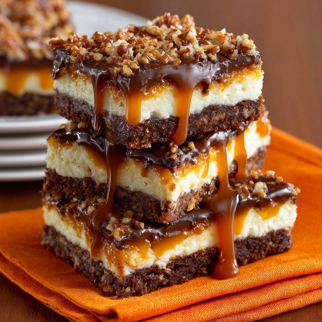Turtle cheesecake bars stacked high, with rich caramel and chocolate dripping down the sides.