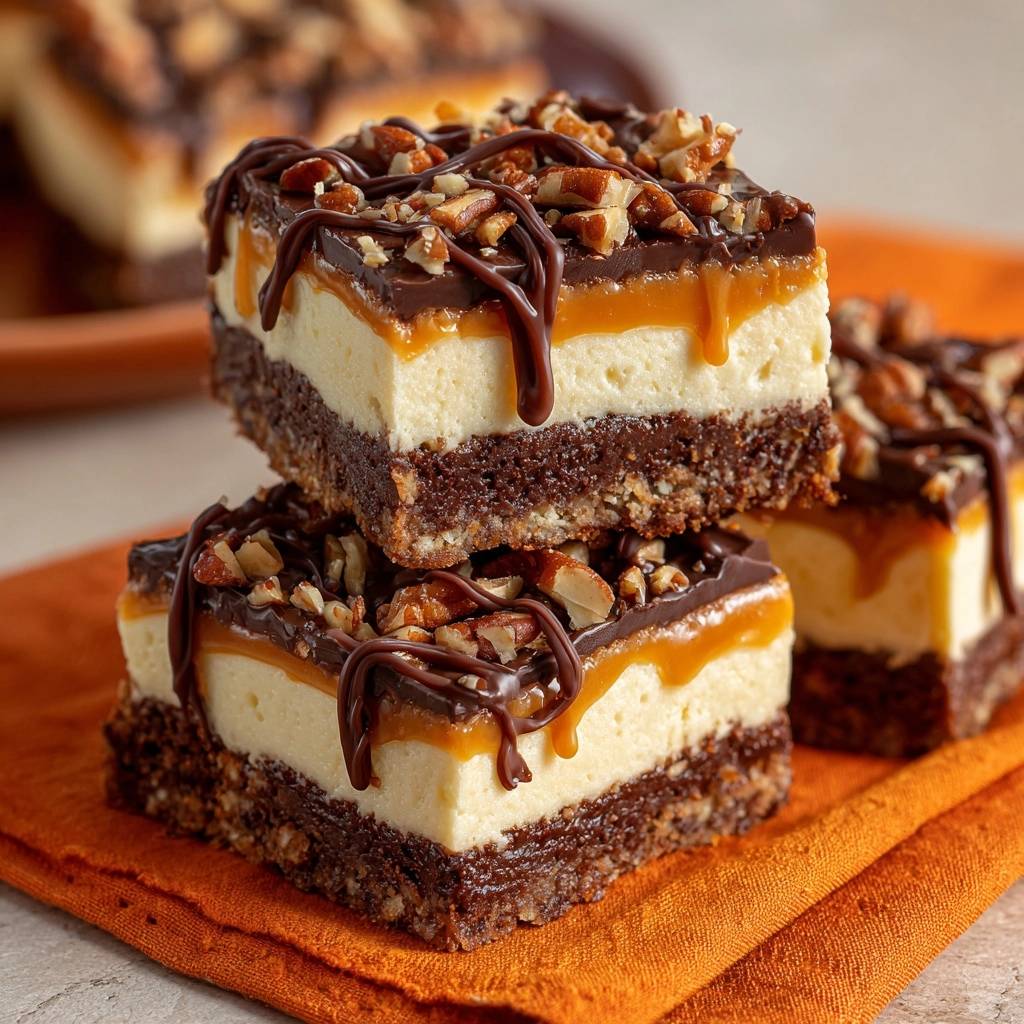 Turtle cheesecake bars stacked and showing a close-up of the rich layers and toppings.