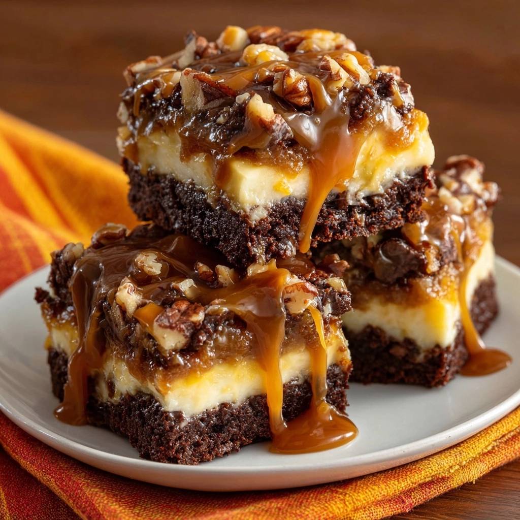 Turtle cheesecake bars stacked high and generously drizzled with caramel and pecans.