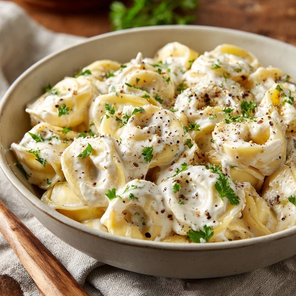 Ultra creamy cheese ravioli with clingy sauce shown in a close-up view of a full bowl, garnished with parsley and pepper.