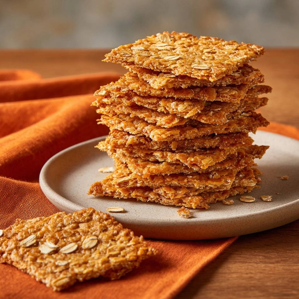 Ultra-crispy oat crackers presented in a tall stack on a plate, showcasing their thin, layered texture.