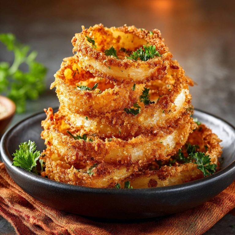 Ultra crispy onion rings stacked high in a black bowl, garnished with fresh parsley.