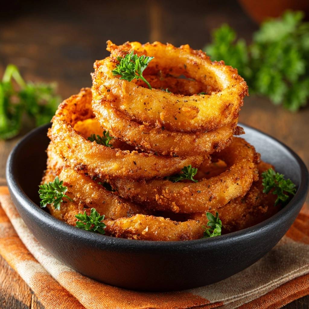 Ultra crispy onion rings recipe stacked in a black bowl and garnished with fresh parsley.