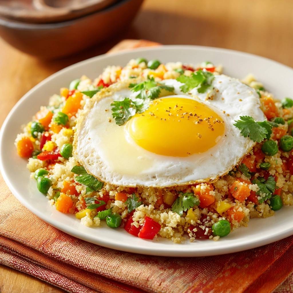 Veggie quinoa fried rice with a sunny egg served on a white plate with a garnish of cilantro.