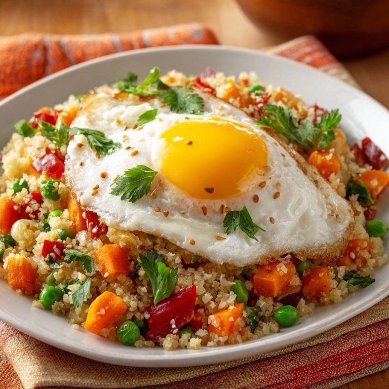 Veggie quinoa fried rice with sunny egg served on a white plate, garnished with parsley and sesame seeds.
