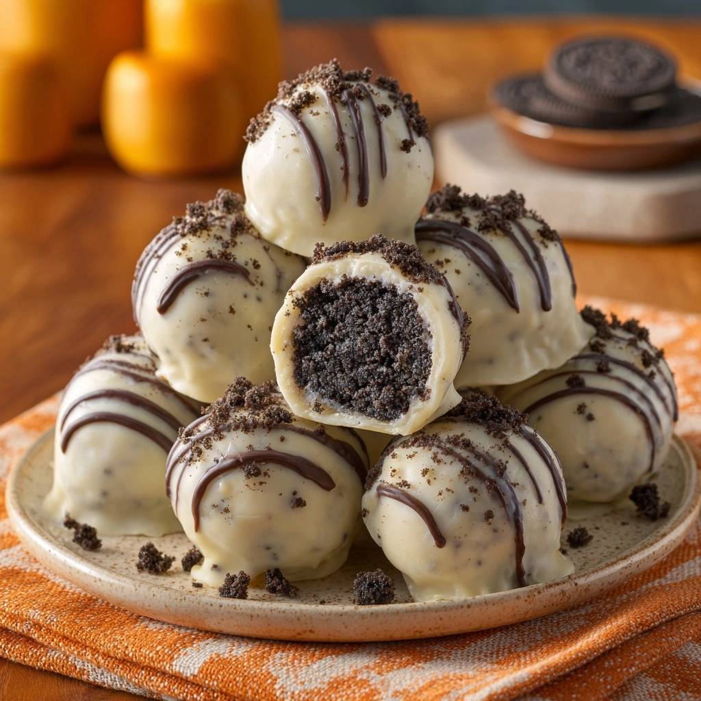White Chocolate Oreo Truffles cross-section detail showing the dark cookie crumb interior coated in white chocolate.