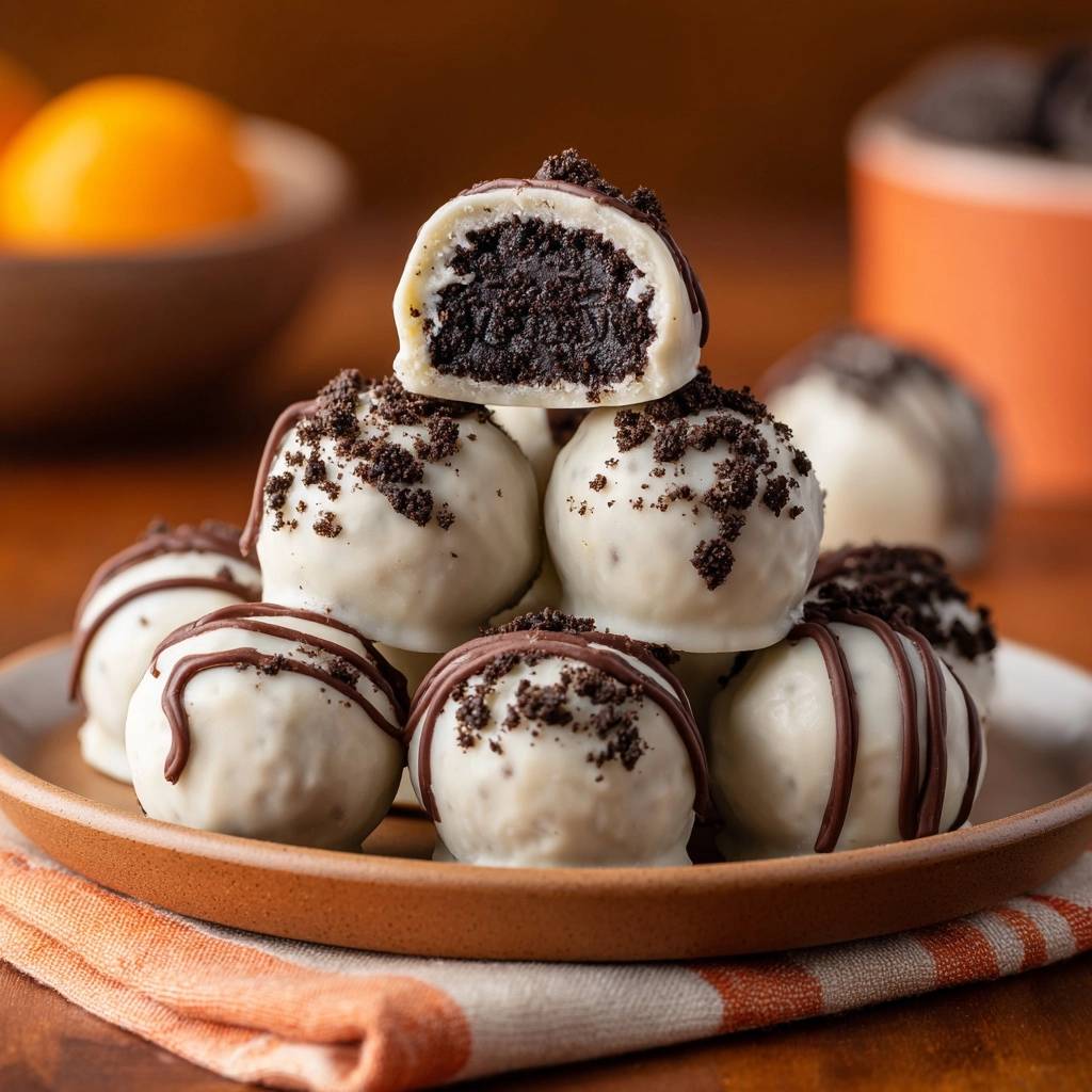 White Chocolate Oreo Truffles cross-section showing the rich cookie filling coated in white chocolate and sprinkled with crumbs.