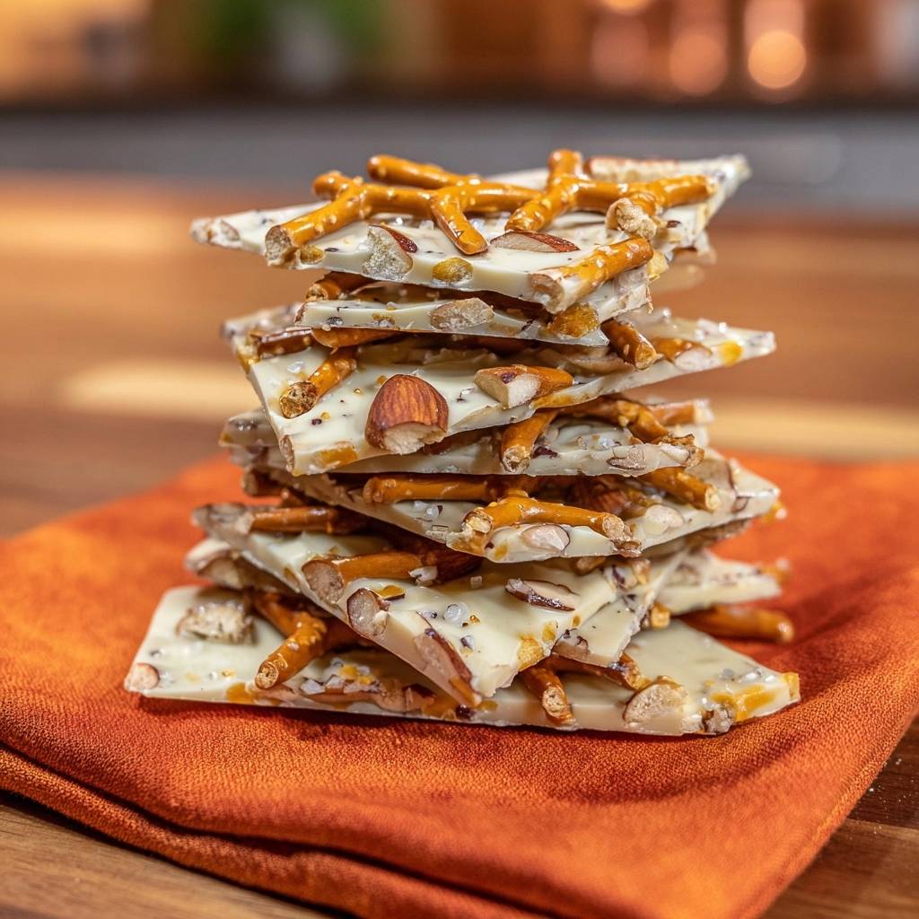 White chocolate pretzel almond bark stack detail with pretzels and almonds embedded in the white chocolate.