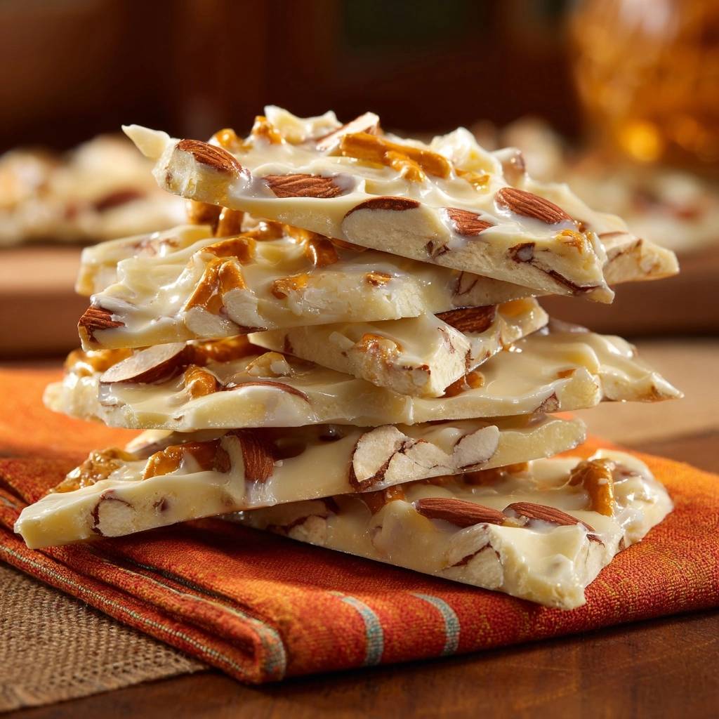 White chocolate pretzel almond bark stacked high on an orange napkin, showing layers of nuts and chocolate.
