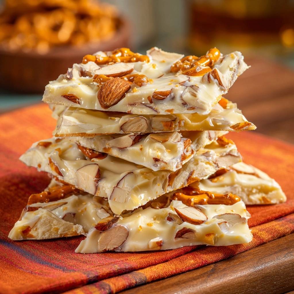 White chocolate pretzel almond bark pieces stacked high, showcasing the crunchy pretzel and nutty almond inclusions.