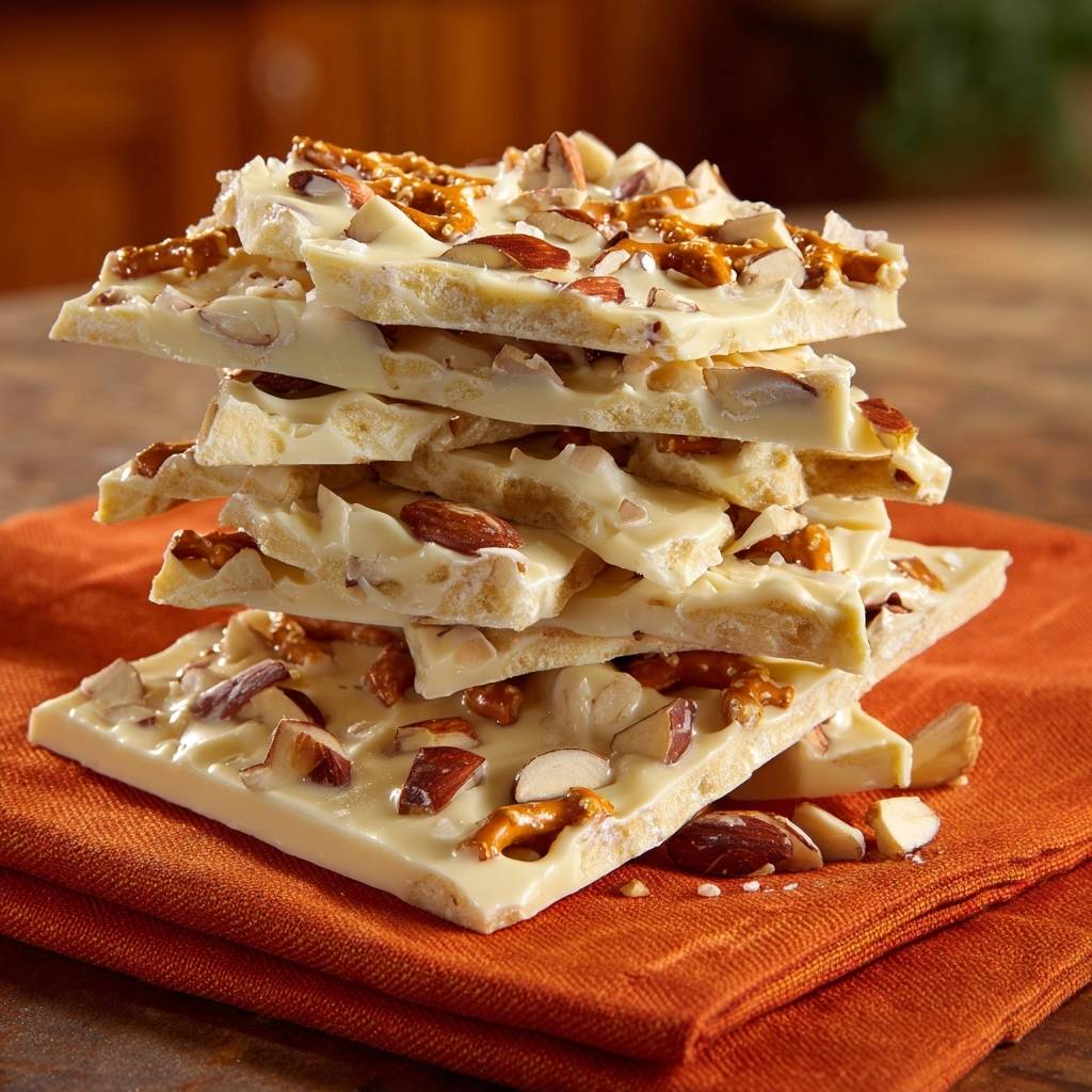 White chocolate pretzel almond bark stacked in pieces on an orange napkin, showcasing the crunchy inclusions.