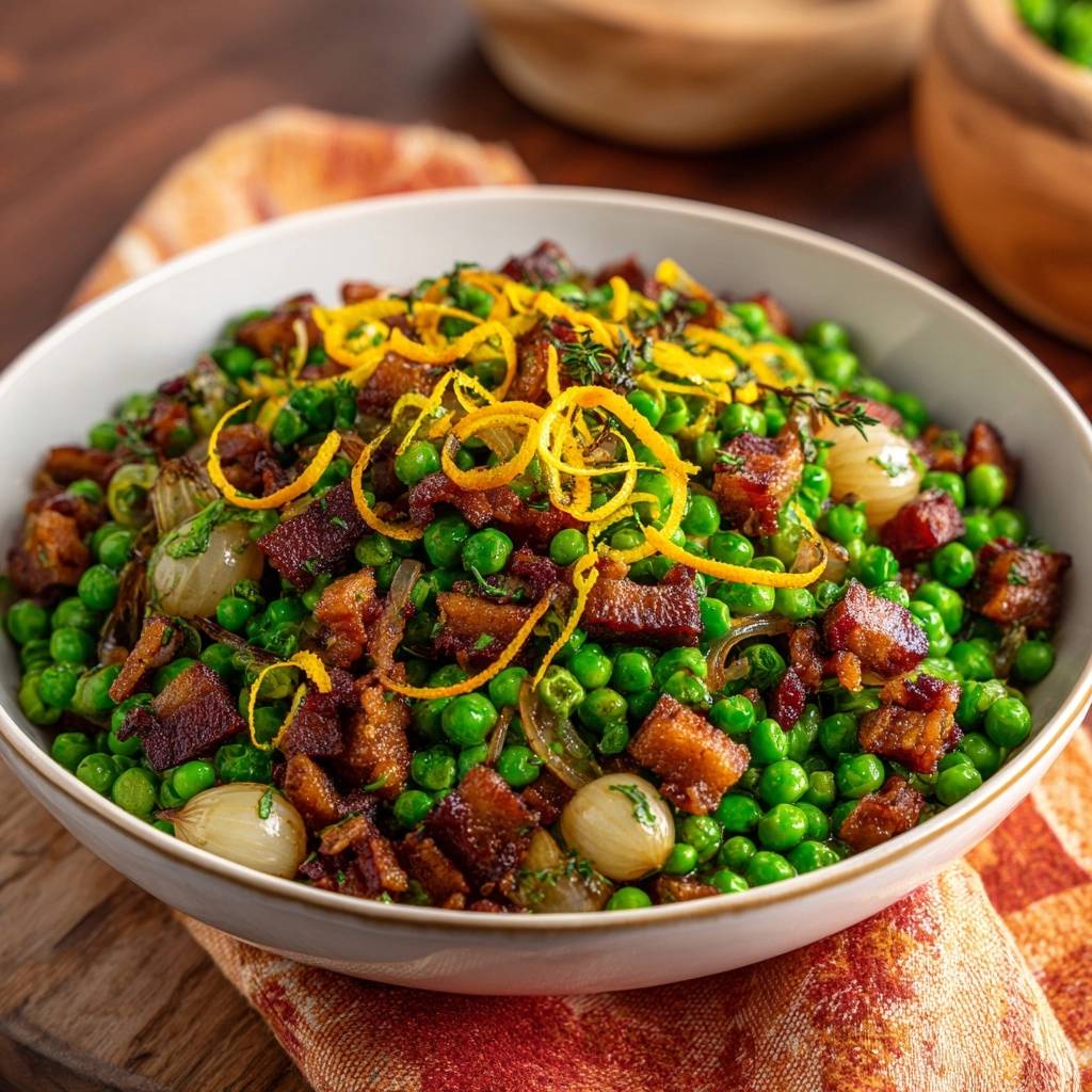 Zesty bacon peas with pearl onions, a vibrant bowl garnished with fresh orange zest and thyme.