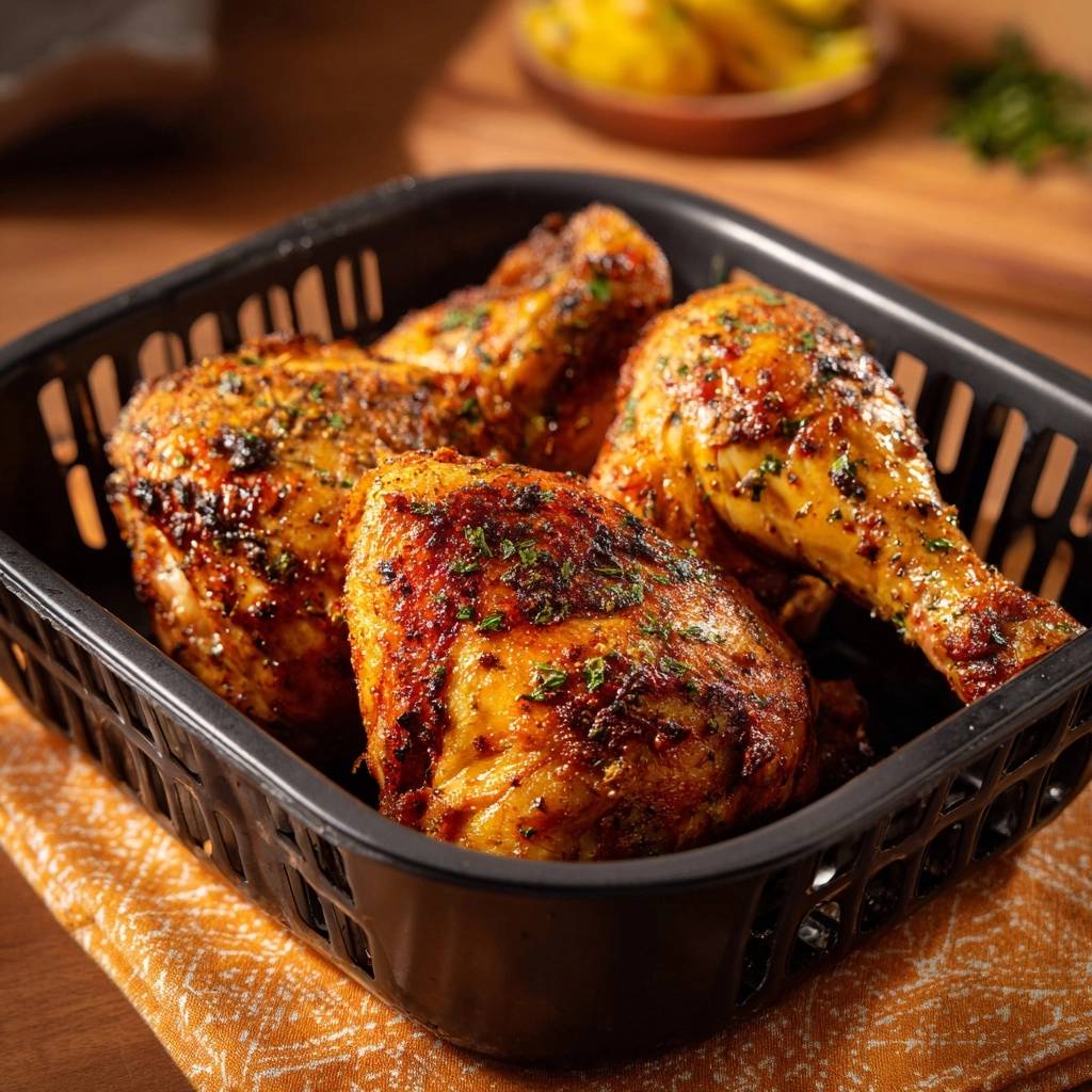 Master Crispy Air Fryer Herb Chicken pieces presented in a black basket with a close-up view of their seasoned texture.