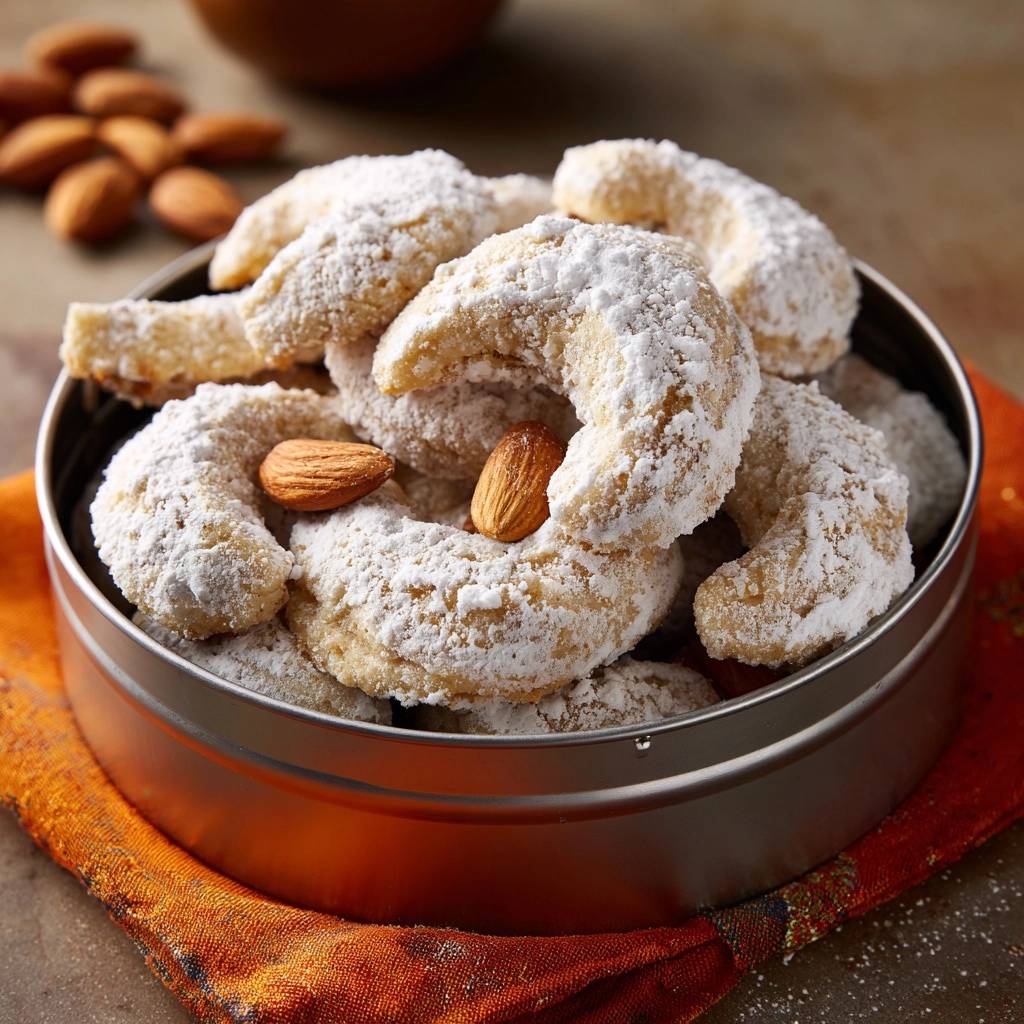 Almond crescent cookies dusted with powdered sugar in a tin with whole almonds, showcasing their delicate shape.