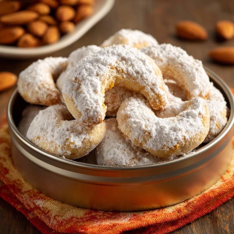 Almond crescent cookies dusted with powdered sugar piled high in a tin, with almonds in the background.
