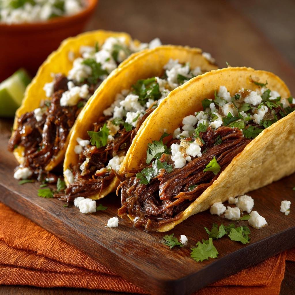 Barbacoa beef tacos piled high with shredded meat and crumbled cheese, presented in a close-up view of three servings.