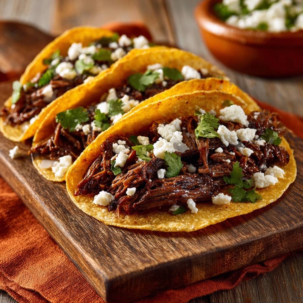 Barbacoa beef tacos with crumbled cheese and cilantro, served on a wooden board.
