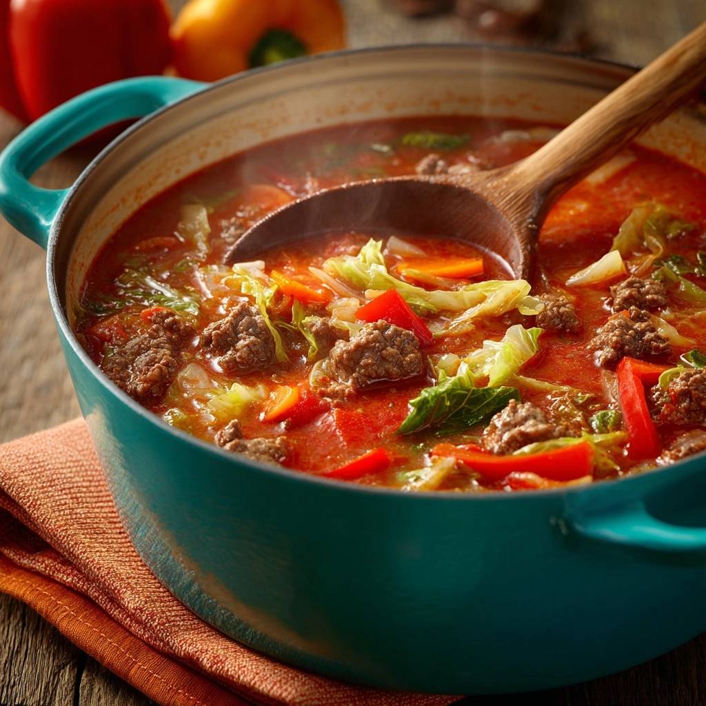 Hearty beef and cabbage soup served in a teal Dutch oven with a wooden ladle, showing chunks of beef and vegetables.
