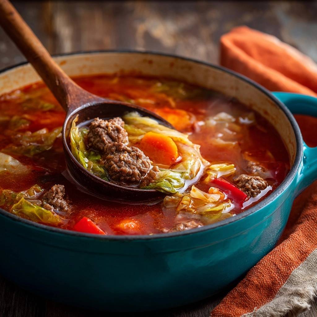 Hearty beef and cabbage soup being scooped with a wooden ladle, showing meatballs and vegetables.