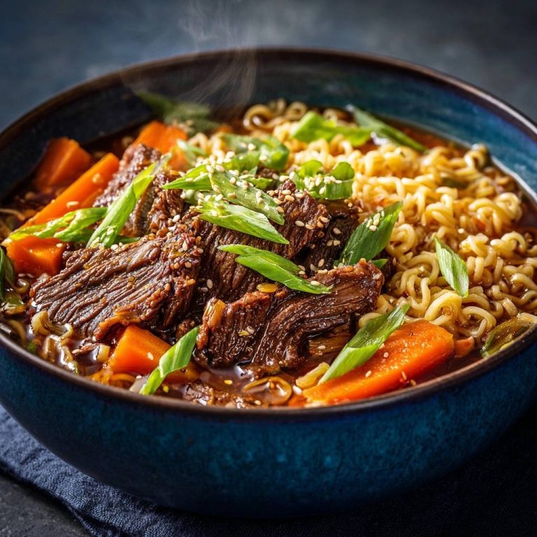 Savory beef ramen bowl with tender beef, carrots, noodles, and fresh green onions, steaming in a blue bowl.