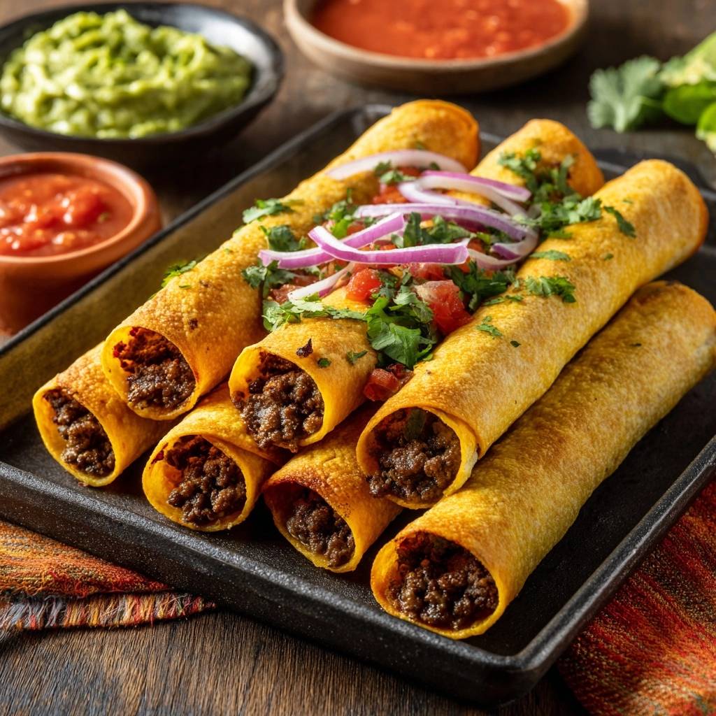 Crispy beef taquitos showing their savory ground beef filling and golden corn tortilla exterior.