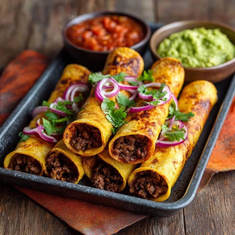Crispy beef taquitos garnished with red onion and cilantro, showing a close-up view of the filling.
