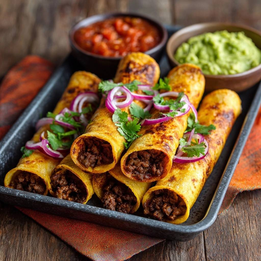 Crispy beef taquitos garnished with red onion and cilantro, showing a close-up view of the filling.