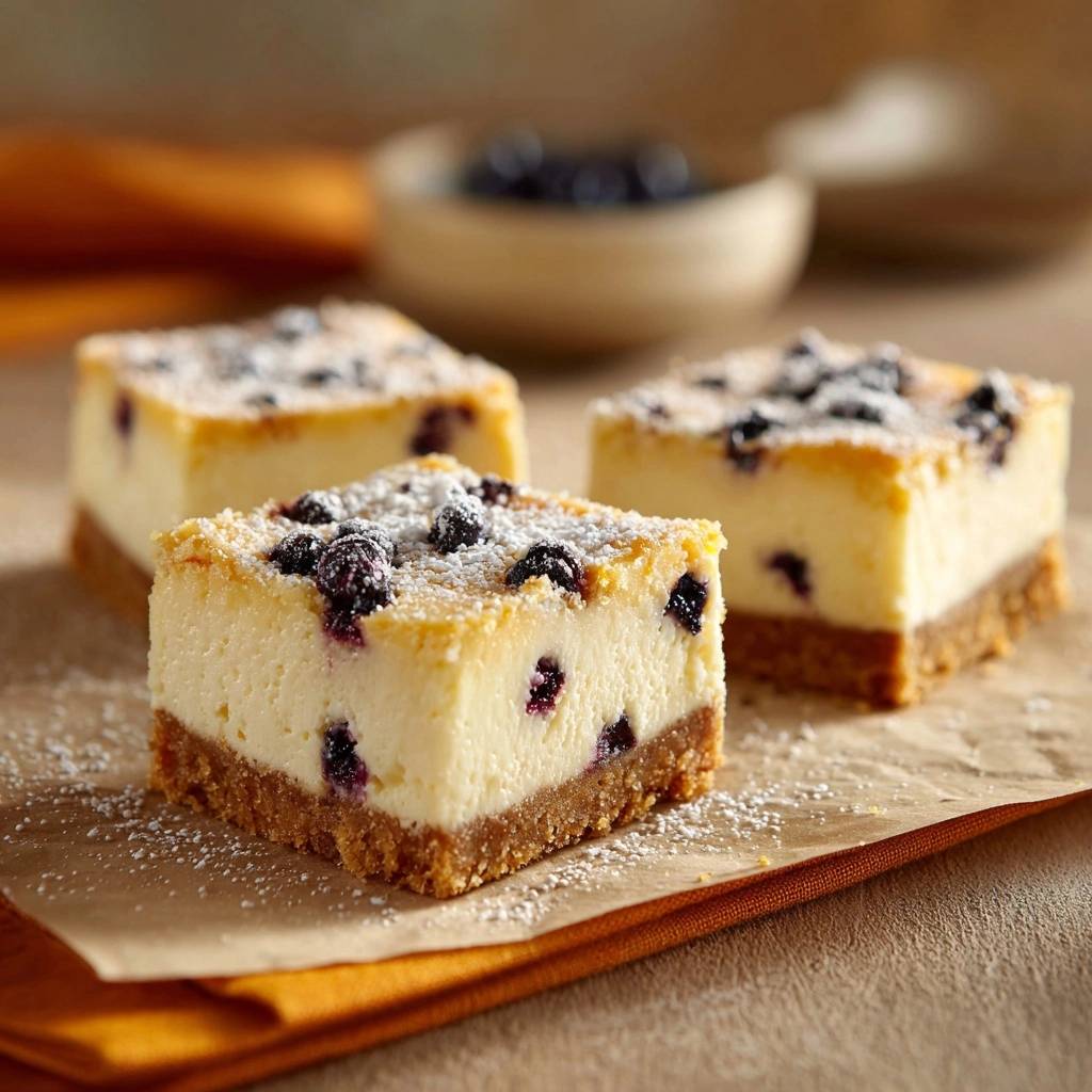 Blueberry cheesecake bars with no-sinking berries, shown in a close-up view revealing the creamy interior and graham cracker crust.