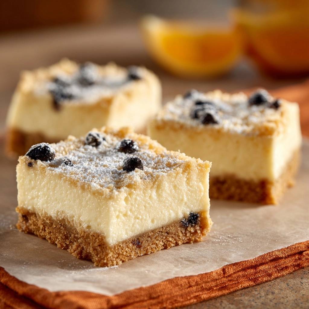 Blueberry cheesecake bars showing a creamy cross-section with a graham cracker crust and fresh blueberries.