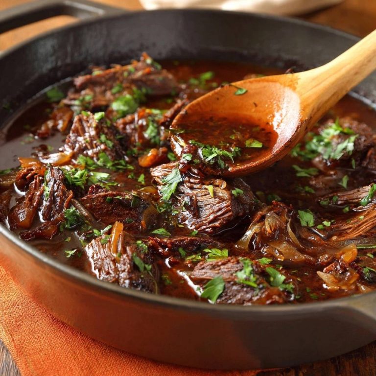 Braised beef with onions and carrots served in a skillet with a wooden spoon lifting a rich portion.