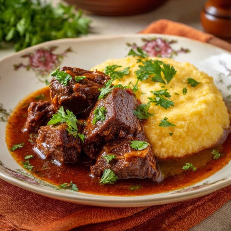 Braised beef short ribs with creamy polenta served in a floral patterned bowl, garnished with fresh parsley.