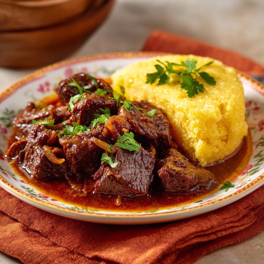 Braised beef short ribs with creamy polenta served on a decorative plate, a close-up view.