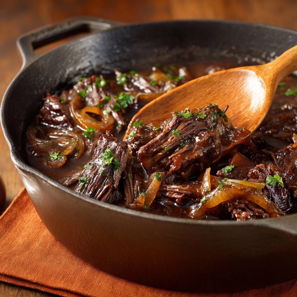 Braised beef with onions and carrots served in a cast iron skillet with a wooden spoon lifting a portion.
