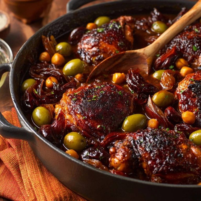 Braised chicken thighs with chickpeas, olives & prunes served in a rustic Dutch oven with a wooden spoon.