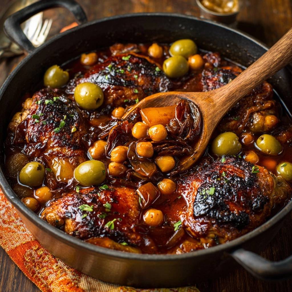 Braised chicken thighs with chickpeas, olives, and prunes, shown with a spoonful of the rich stew.