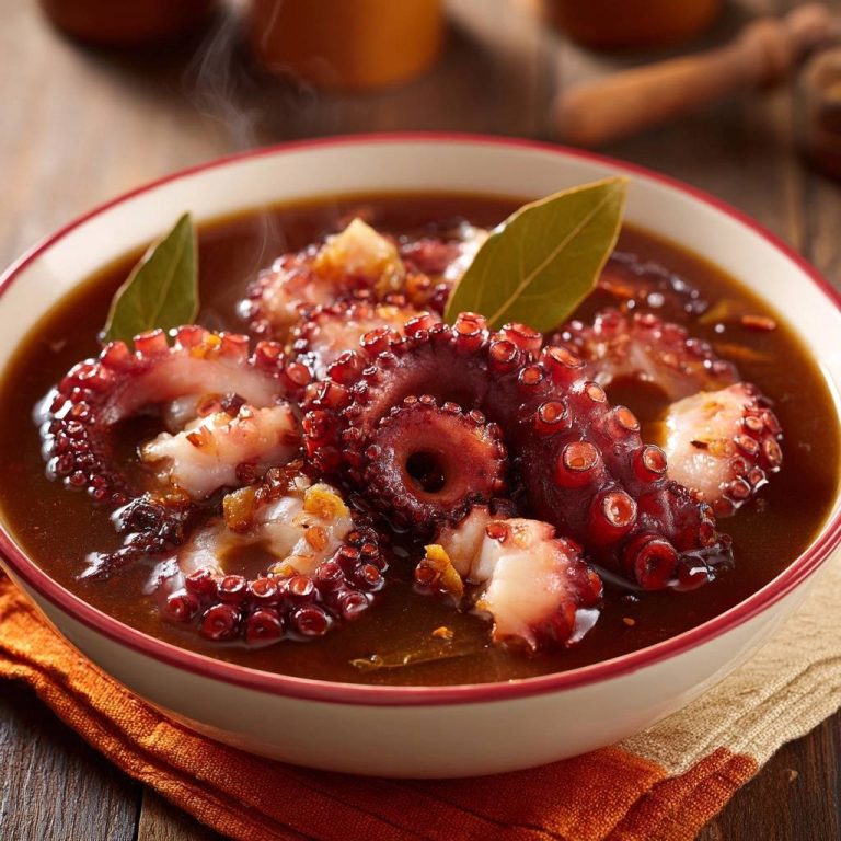 Braised octopus stew with tender tentacles and bay leaves served in a steaming bowl, close-up view.