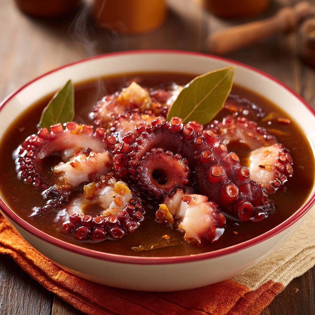 Braised octopus stew with tender tentacles and bay leaves served in a steaming bowl, close-up view.