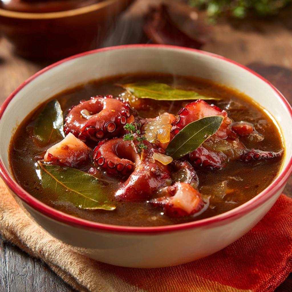 Braised octopus stew with tender tentacles and bay leaves, steaming in a rustic bowl.