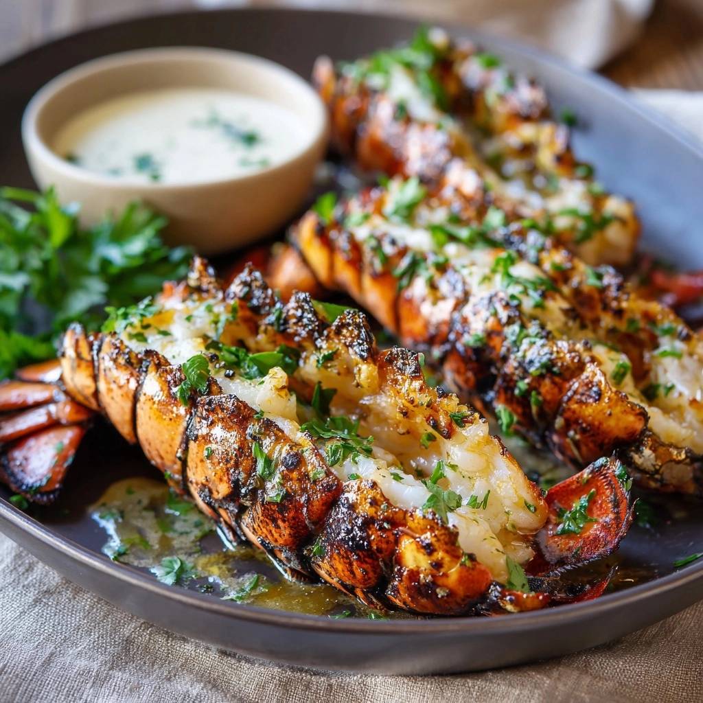Broiled garlic butter lobster tails served on a dark plate with a side of dipping sauce and fresh parsley garnish.