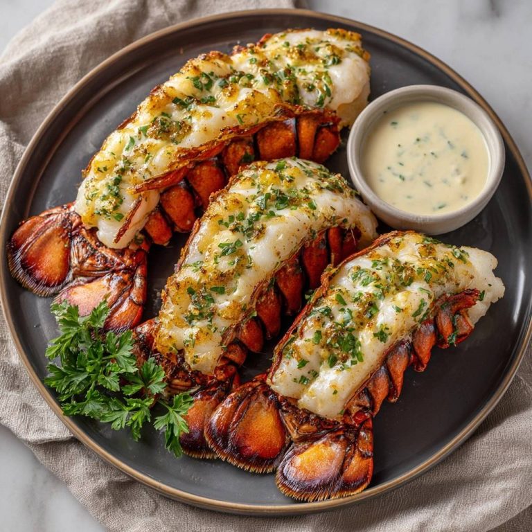 Broiled garlic butter lobster tails plated with a side of creamy garlic butter sauce and parsley garnish.