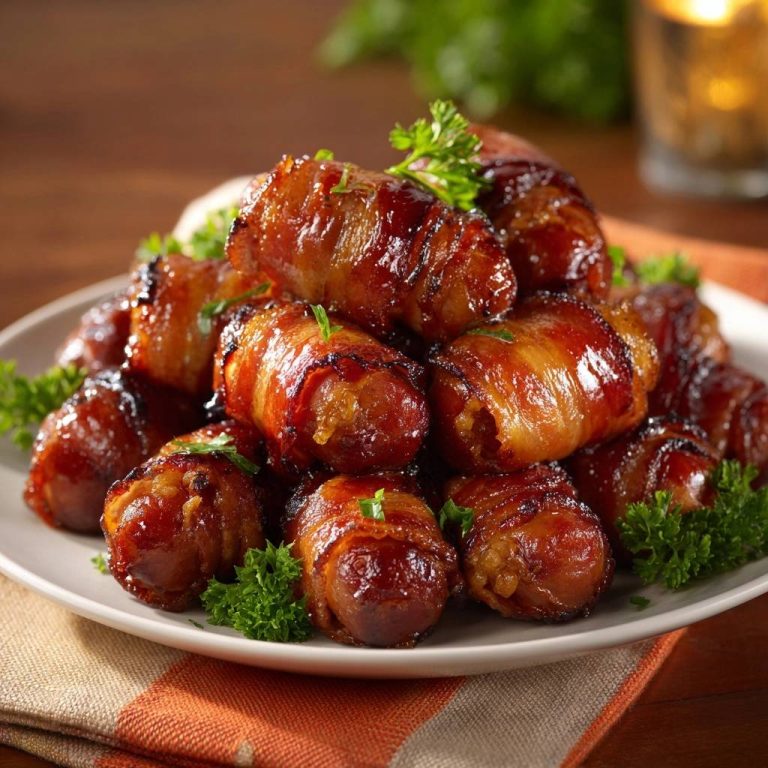 Brown sugar bacon wrapped smokies piled high on a white plate, garnished with fresh parsley.