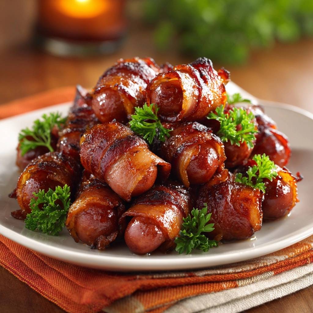 Brown sugar bacon wrapped smokies piled high on a plate, garnished with fresh parsley sprigs.